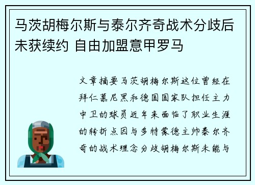 马茨胡梅尔斯与泰尔齐奇战术分歧后未获续约 自由加盟意甲罗马 马茨胡梅尔斯与泰尔齐奇战术分歧后未获续约 自由加盟意甲罗马