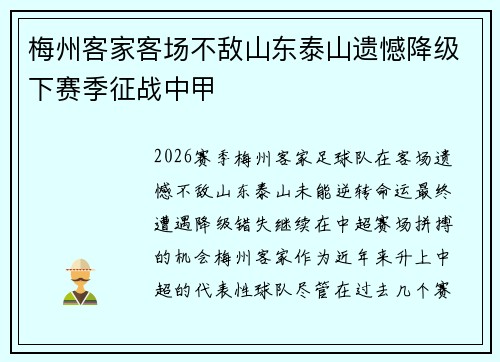 梅州客家客场不敌山东泰山遗憾降级下赛季征战中甲